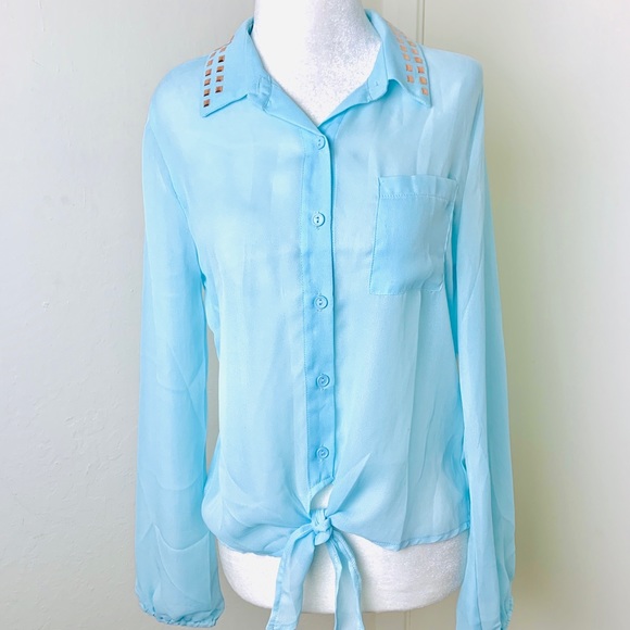 New Long Sleeve Metal accents Tie Front BLOUSE TOP - Picture 8 of 8